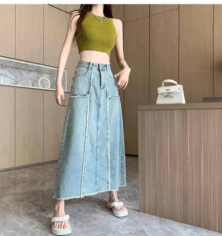 High Rise Washed Frayed Denim Midi A-Line Skirt
