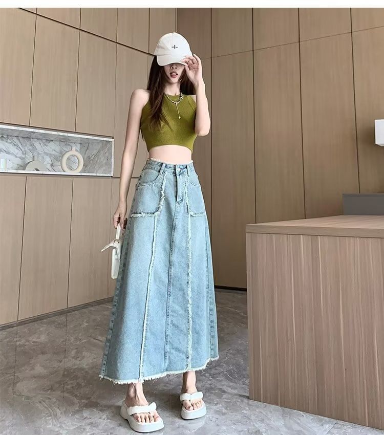 High Rise Washed Frayed Denim Midi A-Line Skirt