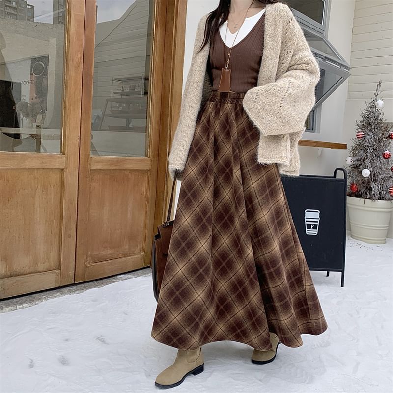 High Rise Plaid A-Line Maxi Skirt