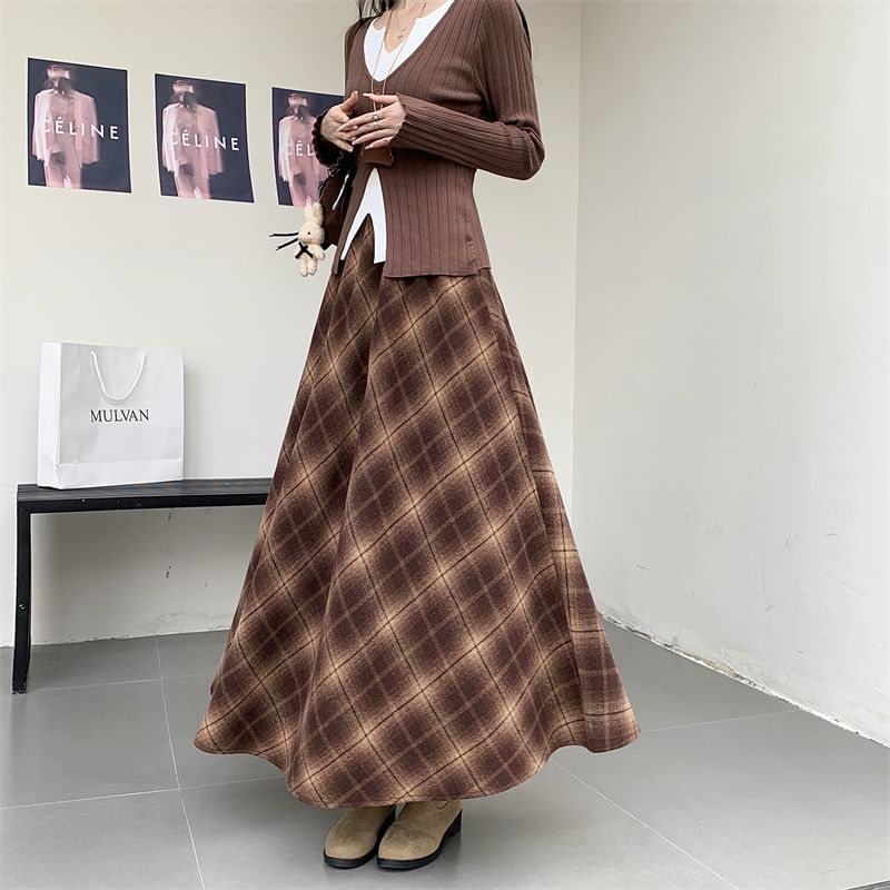 High Rise Plaid A-Line Maxi Skirt