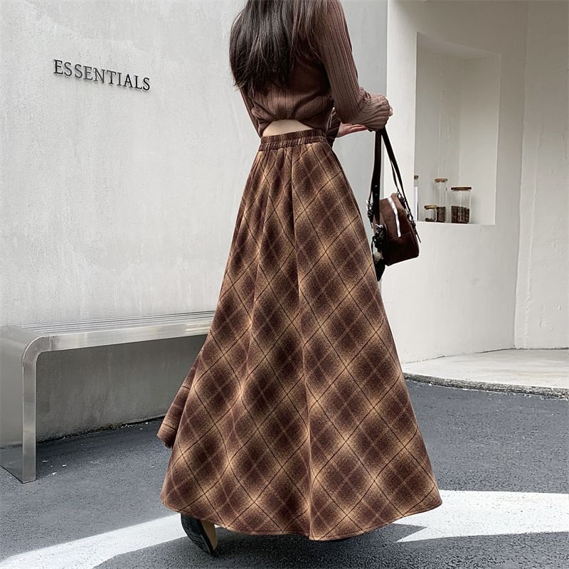 High Rise Plaid A-Line Maxi Skirt