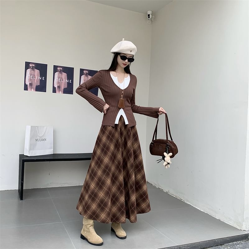 High Rise Plaid A-Line Maxi Skirt