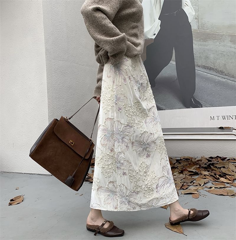 High Rise Lace Velvet Maxi Skirt