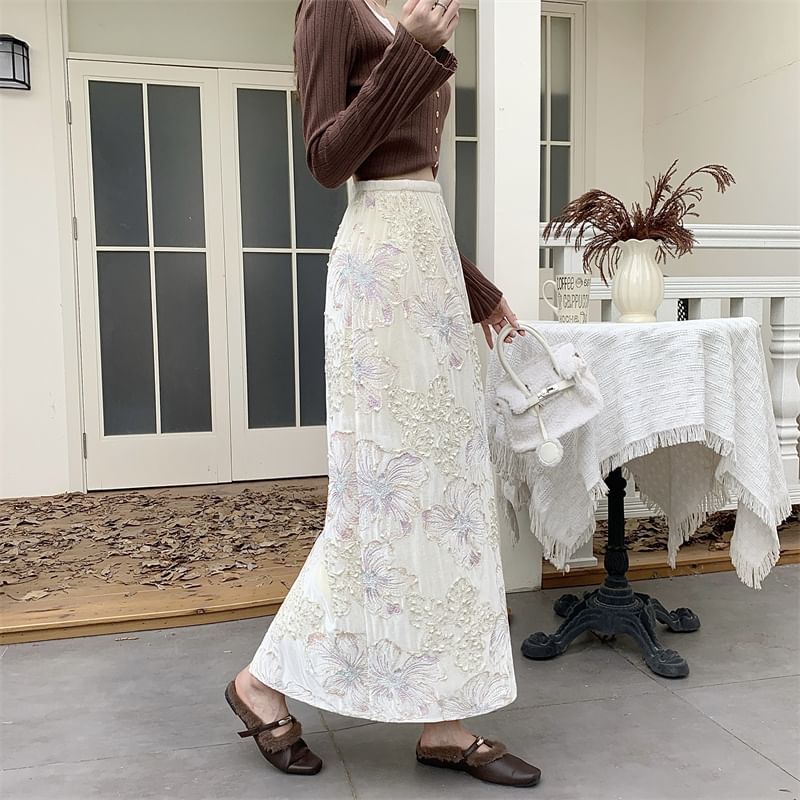 High Rise Lace Velvet Maxi Skirt