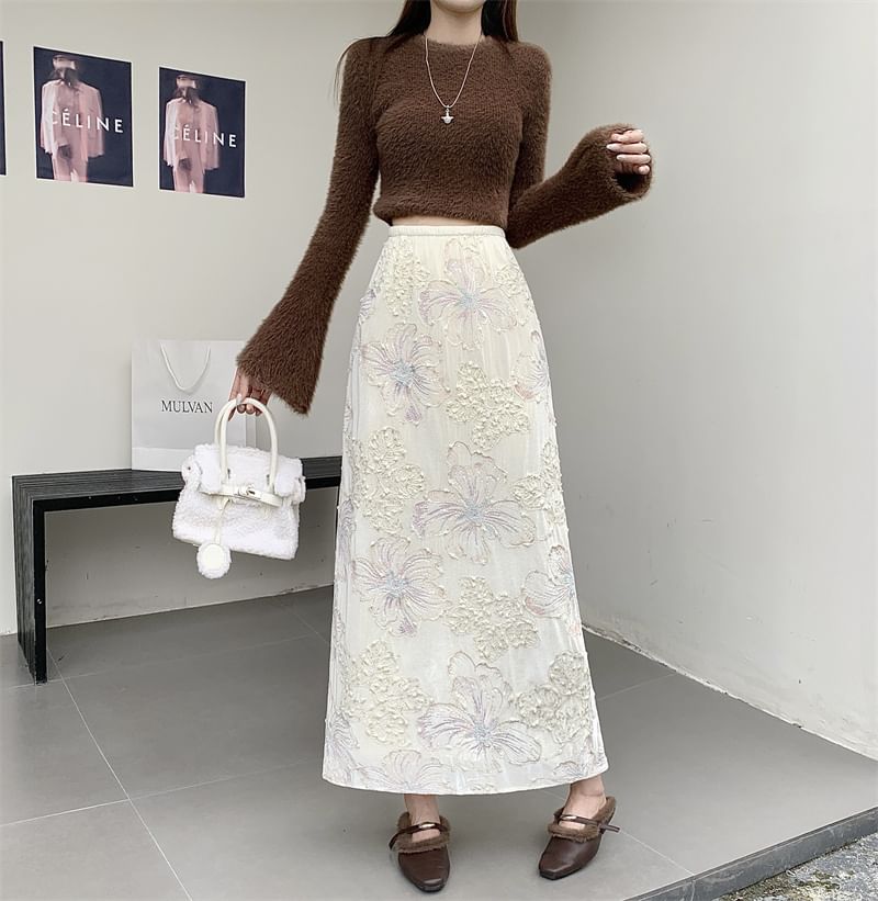 High Rise Lace Velvet Maxi Skirt