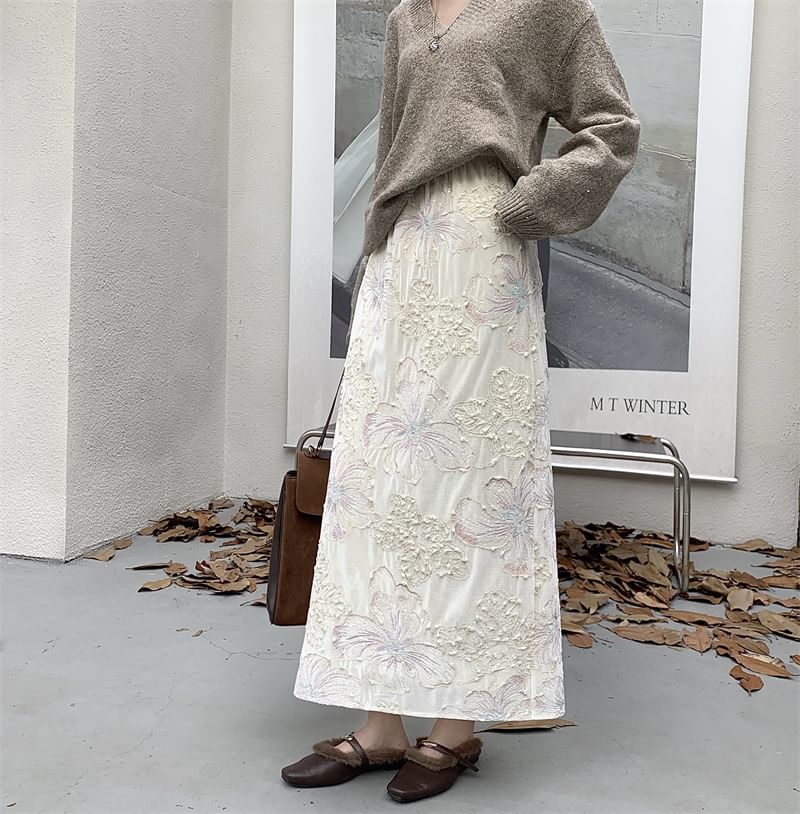 High Rise Lace Velvet Maxi Skirt