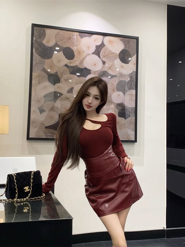 Off Shoulder Bodysuit with Faux Leather Mini A-Line Skirt