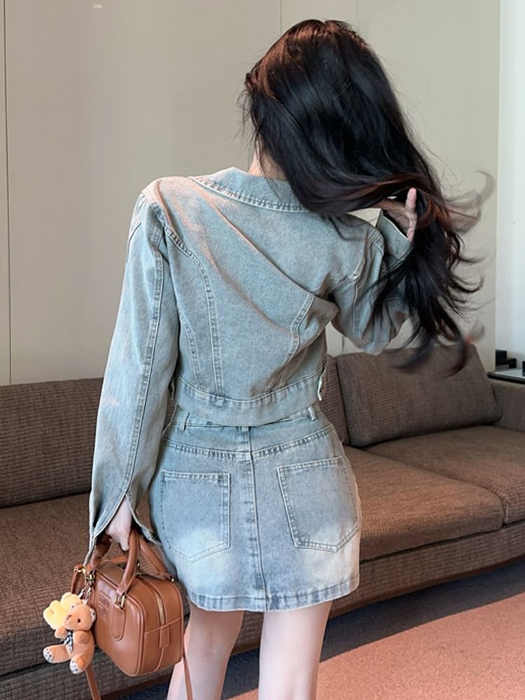 Collared Denim Jacket and Mini Skirt Set