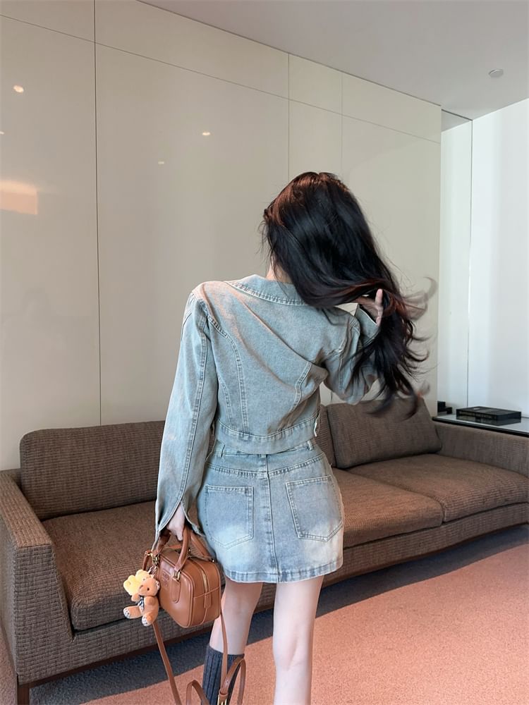 Collared Denim Jacket and Mini Skirt Set