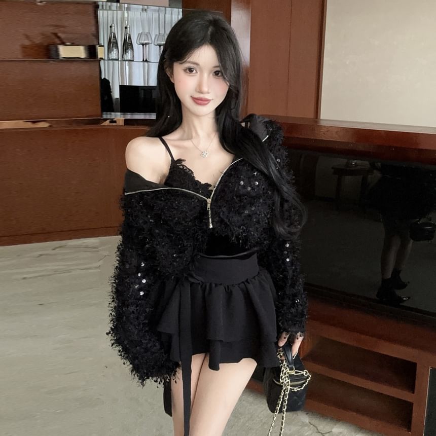 Furry V-Neck Zip Crop Cardigan and Tiered Mini Skirt