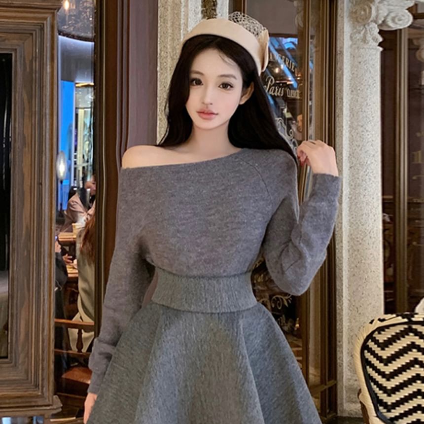 Plain Knit Long Sleeve Top and High Rise A-Line Mini Skirt