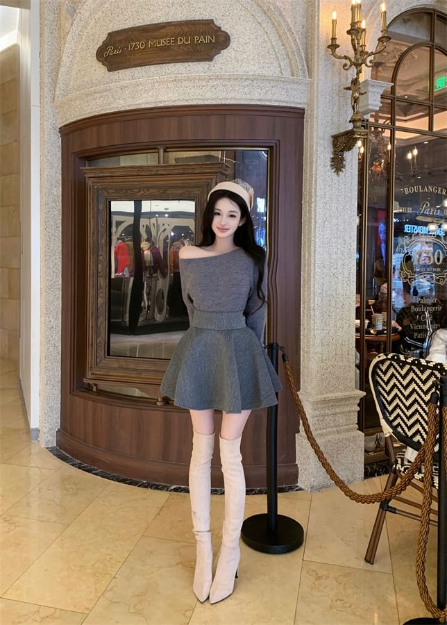 Plain Knit Long Sleeve Top and High Rise A-Line Mini Skirt