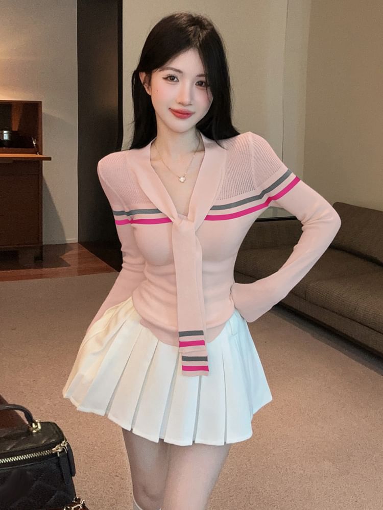 Striped Knit Long Sleeve Top and Pleated Mini Skirt