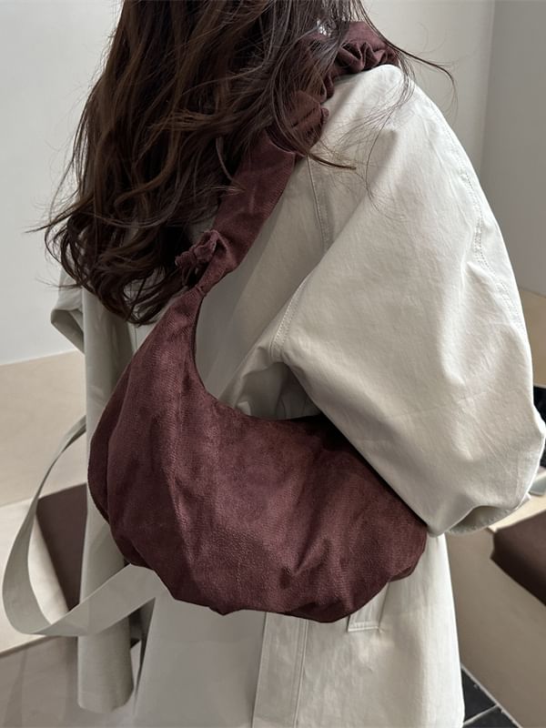 Ruched Strap Faux Suede Shoulder Bag