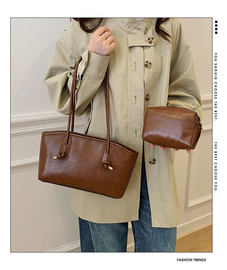 Set: Faux Leather Shoulder Bag + Pouch