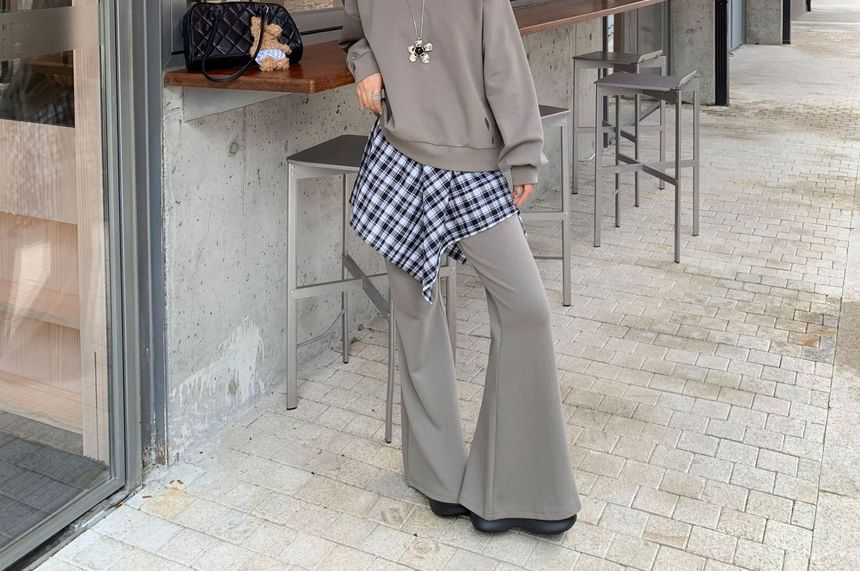 One Shoulder Sweatshirt with Plaid Skirt and Flared Pants Set