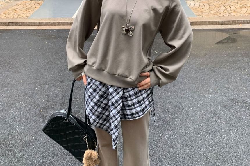 One Shoulder Sweatshirt with Plaid Skirt and Flared Pants Set