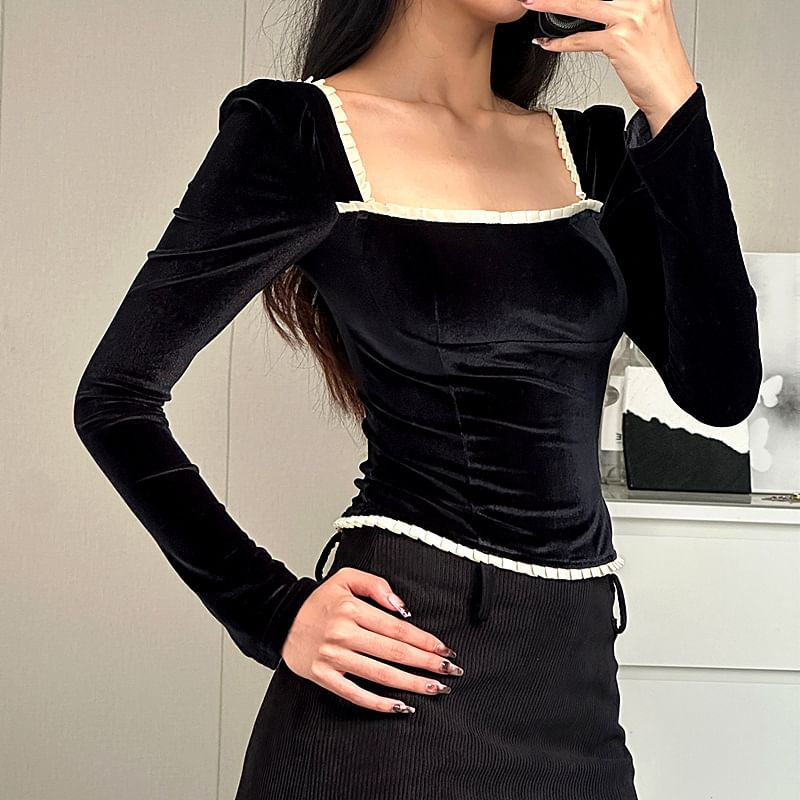 Square Neck Lace-Up Long Sleeve Top with Contrast Trim