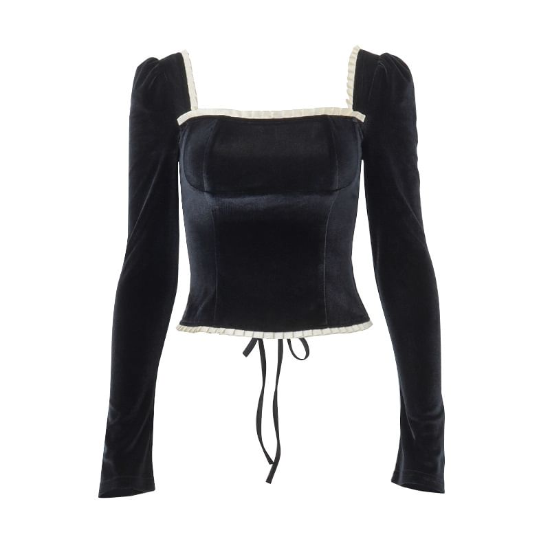 Square Neck Lace-Up Long Sleeve Top with Contrast Trim