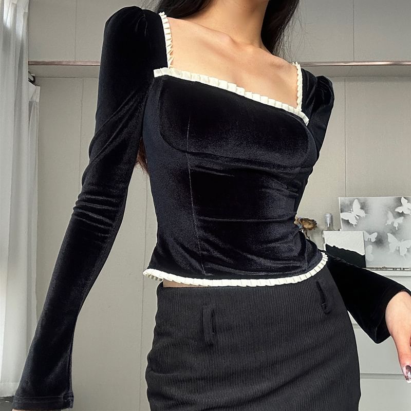 Square Neck Lace-Up Long Sleeve Top with Contrast Trim