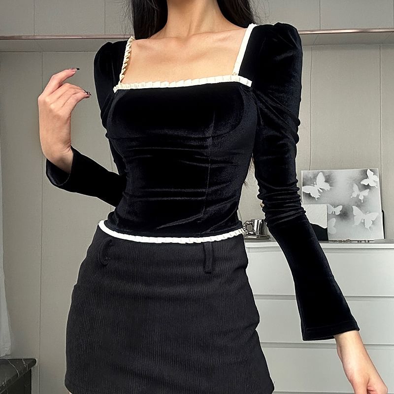 Square Neck Lace-Up Long Sleeve Top with Contrast Trim