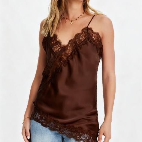 Asymmetrical V-Neck Lace Trim Camisole in Solid Color