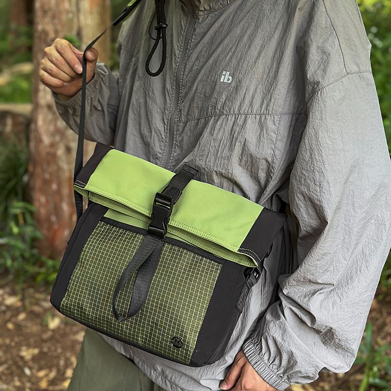 Plaid Panel Buckled Crossbody Bag