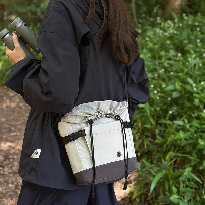 Plaid Panel Buckled Drawstring Crossbody Bag