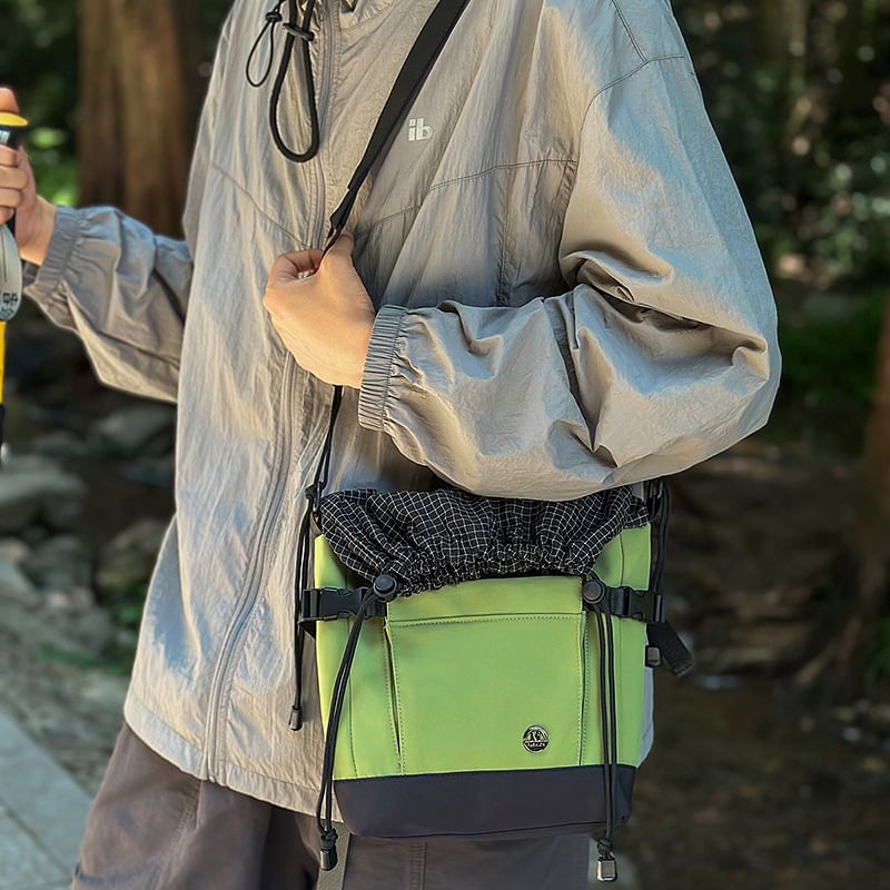 Plaid Panel Buckled Drawstring Crossbody Bag