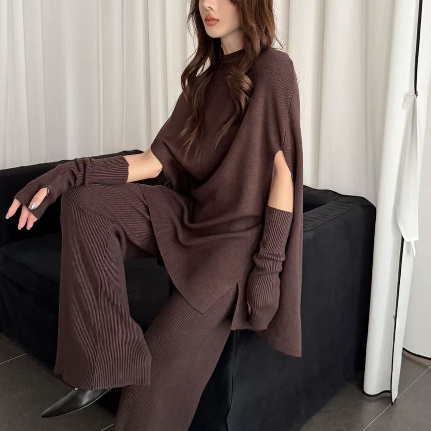 Mock Neck Cape Sweater with Flared Knit Pants and Arm Warmers