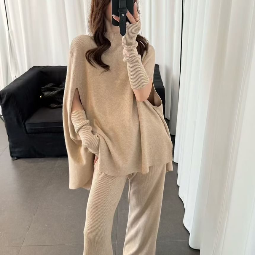 Mock Neck Cape Sweater with Flared Knit Pants and Arm Warmers