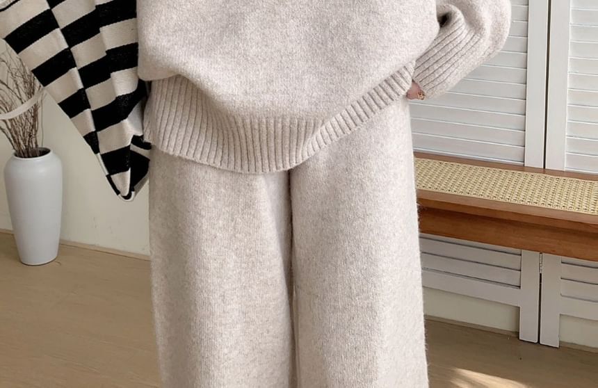 Collared Buckled Sweater with High-Rise Knit Wide-Leg Pants