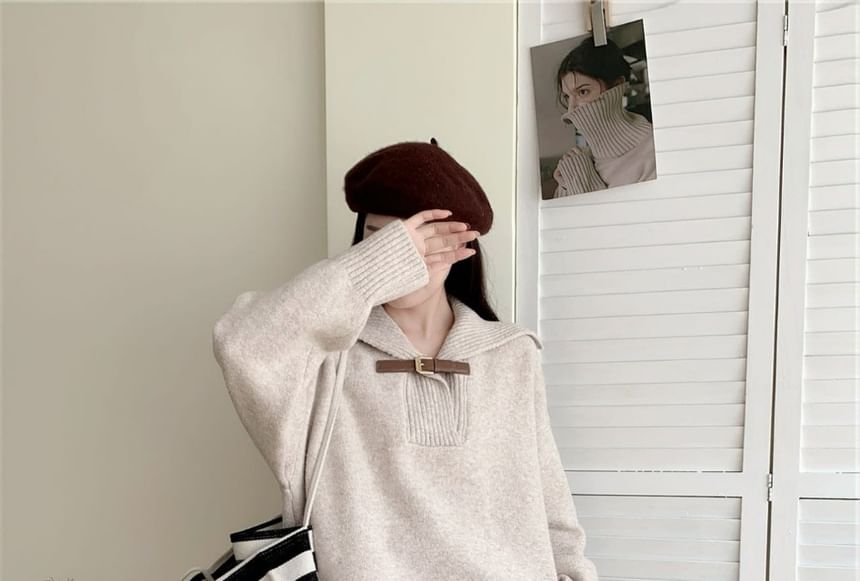 Collared Buckled Sweater with High-Rise Knit Wide-Leg Pants