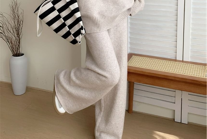 Collared Buckled Sweater with High-Rise Knit Wide-Leg Pants