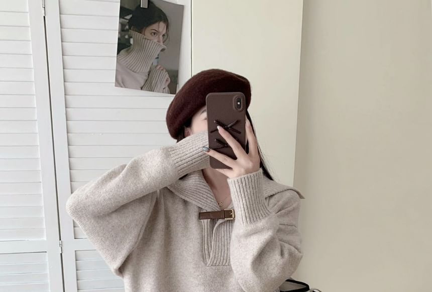 Collared Buckled Sweater with High-Rise Knit Wide-Leg Pants