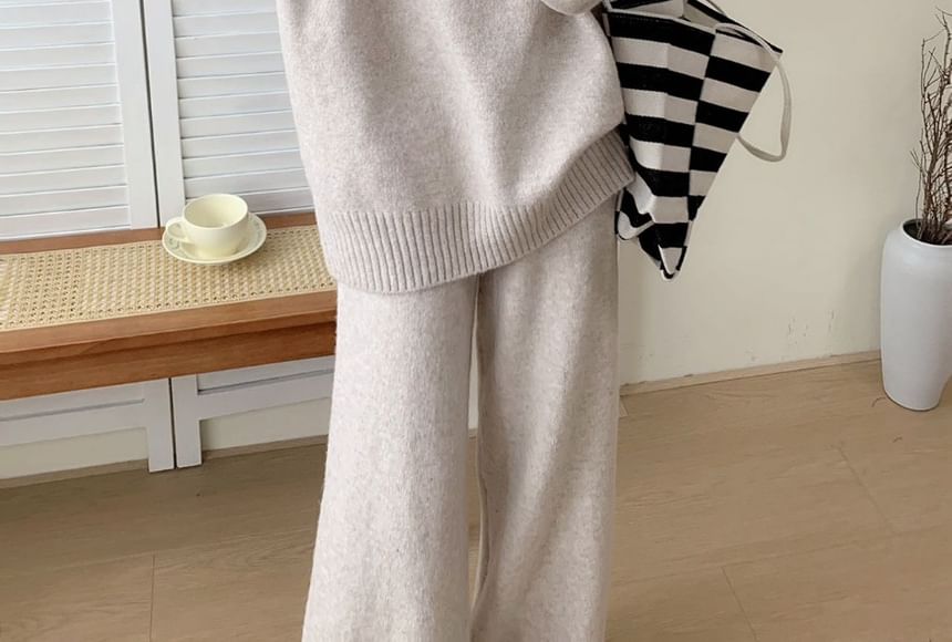 Collared Buckled Sweater with High-Rise Knit Wide-Leg Pants