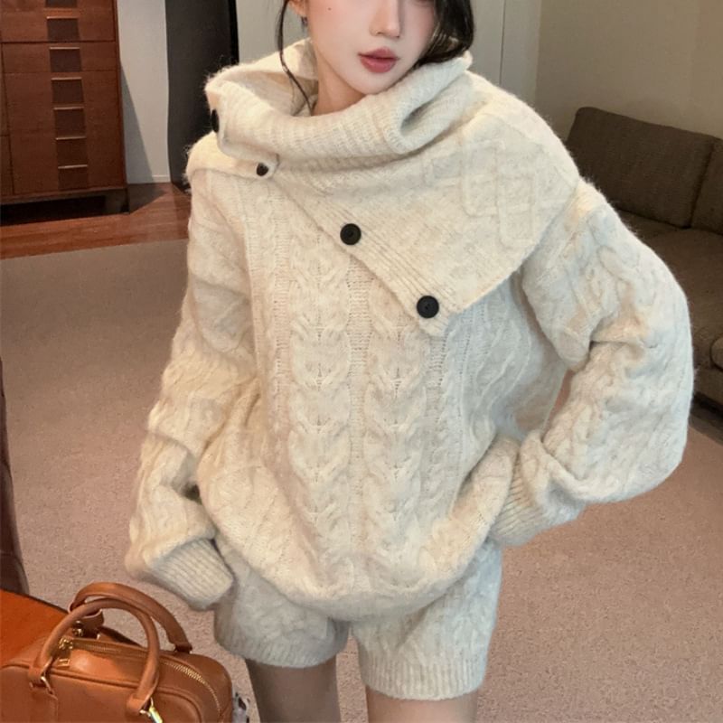 Cable Knit Sweater with Shorts and Snood Set