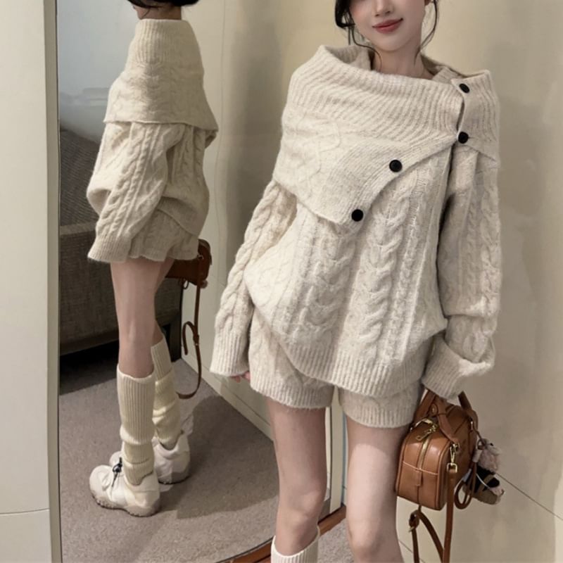 Cable Knit Sweater with Shorts and Snood Set