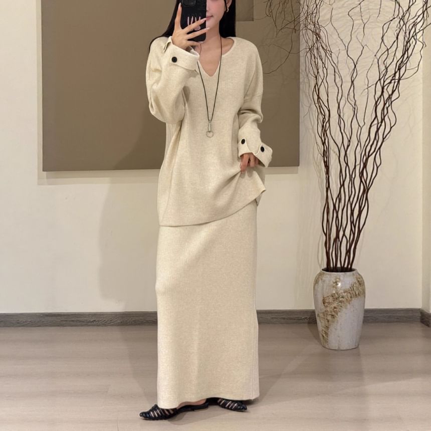 Notch Neck Sweater with High-Rise Knit Pencil Skirt Set