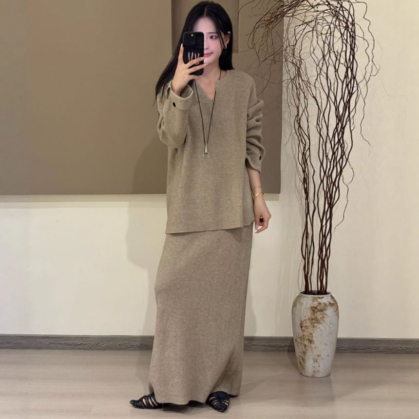 Notch Neck Sweater with High-Rise Knit Pencil Skirt Set