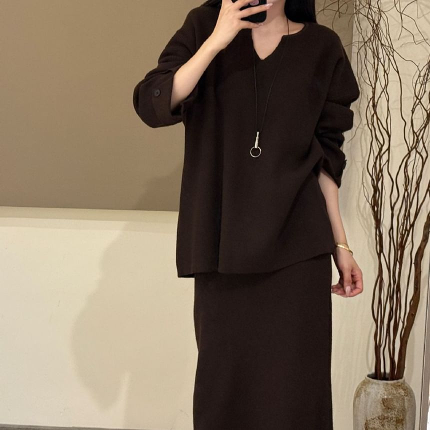 Notch Neck Sweater with High-Rise Knit Pencil Skirt Set