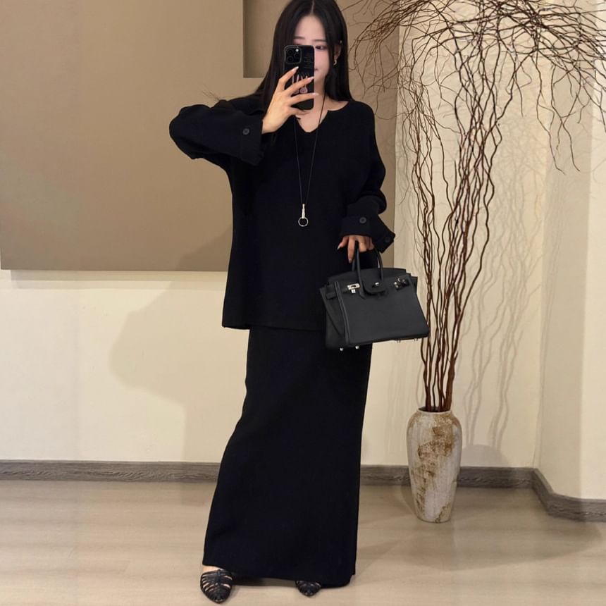 Notch Neck Sweater with High-Rise Knit Pencil Skirt Set