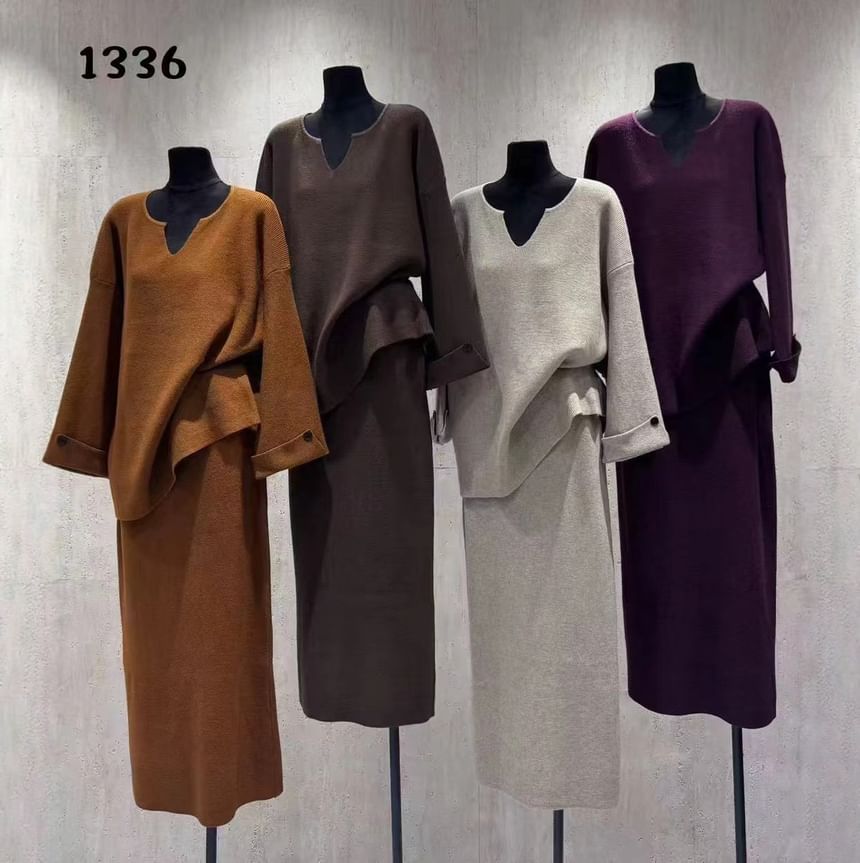 Notch Neck Sweater with High-Rise Knit Pencil Skirt Set