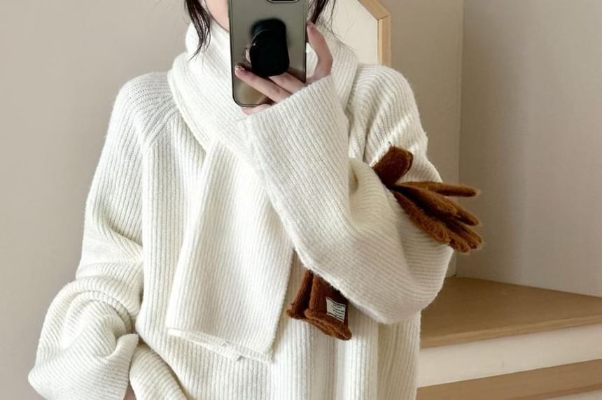 Round Neck Sweater with Cropped Wide-Leg Knit Pants and Scarf