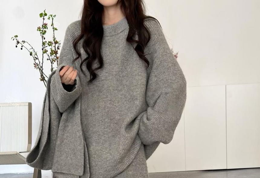 Round Neck Sweater with Cropped Wide-Leg Knit Pants and Scarf