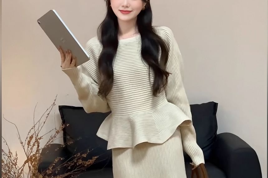 Peplum Ribbed Sweater with High-Rise Knit Pencil Skirt Set