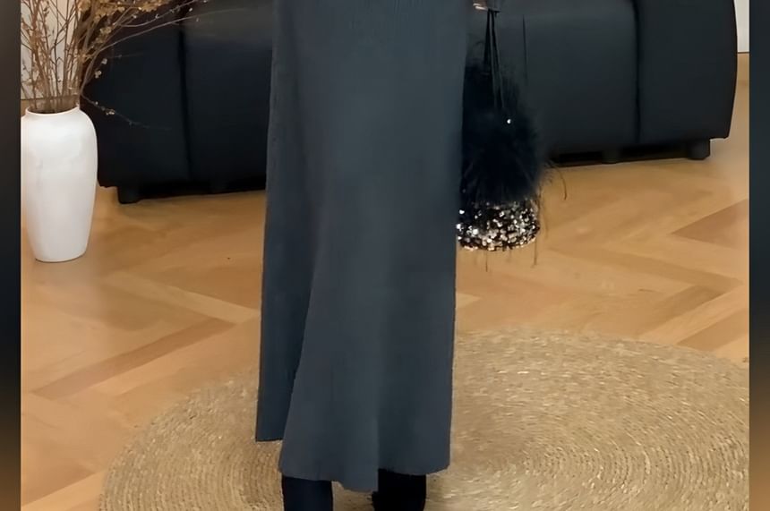 Peplum Ribbed Sweater with High-Rise Knit Pencil Skirt Set