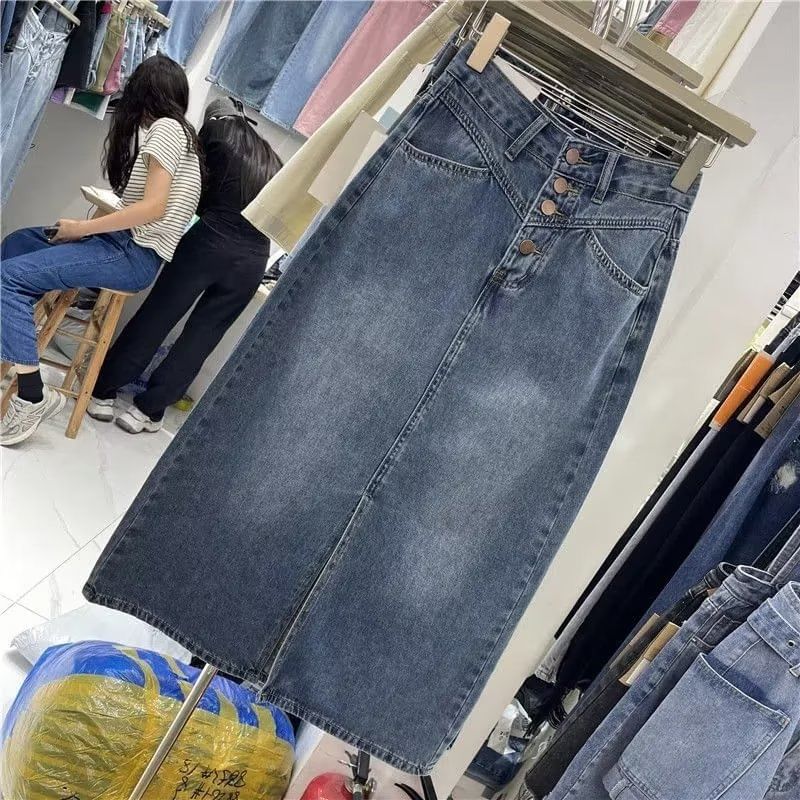 Washed Denim Midi H-Line Skirt with Button Fly and Slit