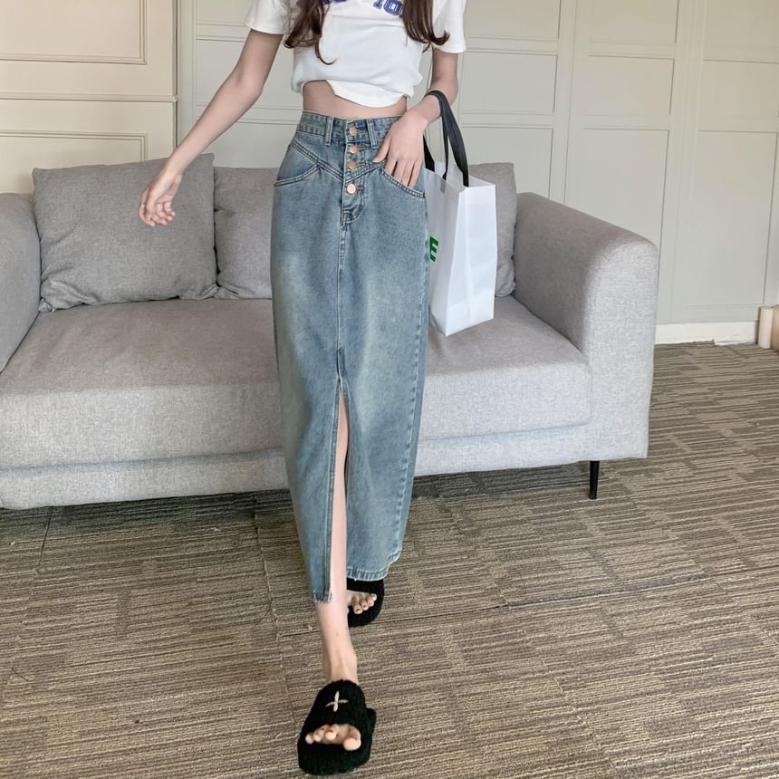 Washed Denim Midi H-Line Skirt with Button Fly and Slit