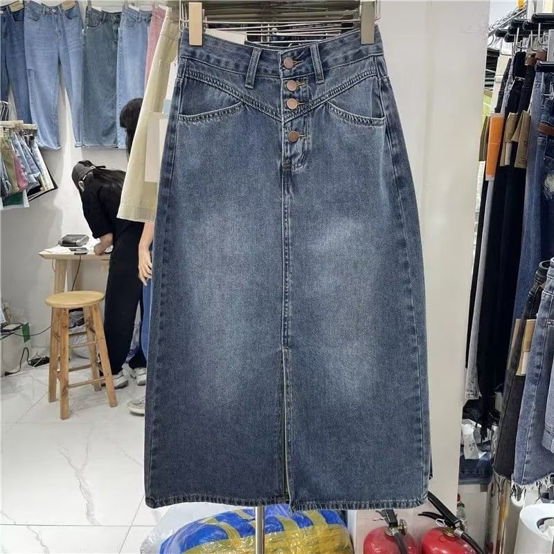Washed Denim Midi H-Line Skirt with Button Fly and Slit